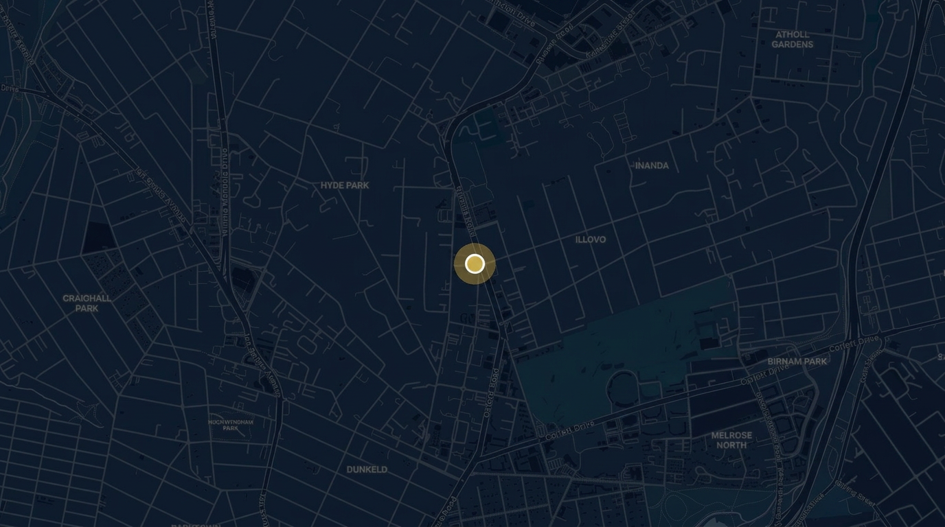 Dark map showing the Imbanita Consulting and Engineering Services office location in Johannesburg